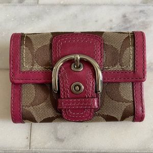 Small Coach Trifold Wallet Pink Leather Trim Logo Jacquard Fabric